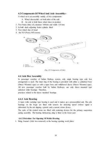 14
4.3 Components Of WheelAnd Axle Assembly:-
A wheel set is an assembly mainly of two components:
A. Wheel discs(solid) on both sides of the axle
B. An axle to hold these wheel discs in position
1. Two brake disks (4), diameter 640mm and width 110 mm.
2. In built slack adjusting brake cylinder fitted
3. Two wheel disc of tread
4. dia 915 (New), 845 (worn).
(Fig. 4.3 Components of Axle)
4.4 Axle Box Assembly
In passenger coaches of Indian Railway system, only single bearing type axle box
arrangement is used. The inner ring of the bearing is provided with either a cylindrical bore
(Direct Mounted type) or with a taper bore and withdrawal sleeve (Sleeve Mounted type).
All new passenger coaches built by Indian Railways, use only direct mounted type
spherical roller bearings. Therefore,
practices related to the sleeve mounted bearings.
4.4.1 Axle Bearing
A taper roller cartridge type bearing is used and it makes up a preassembled unit. The axle
bearings on the bogie are fitted with sensors for detecting speed (whose signal is
elaborated by the ant slipping system) and a current return device.
The ends of the control arms are fitted with centering devices for the primary suspension
spring assembly. The bearing lubricating plug is fitted in the lower part.
4.4.2 Procedure For Opening Of Roller Bearing
1. Bring Journal (Axle box removed) at the bearing opening work place.
 