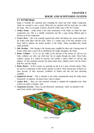18
CHAPTER 5
BOGIE AND SUSPENSION SYSTEM
5.1 ICFBG Bogie
Bogie is basically the separated part containing the wheel and other similar components
which are essential to run a coach. When they are attached with the body they are called
the bogie. Here we are going to discuss about the trolley parts of the ICF coaches.
1. Trolley Frame: - trolley frame is the main construction of the trolley on which the other
components rest. This is a metallic construction just like a cage having different gaps in
between to fit the components.
2. Center Pivot: - this is the centrally situated hole which will indicate the correct position of
the trolley when fitted with the body. There is a counter part of the hole attached at the
body itself to indicate the perfect position of the trolley. When assembled they should
match perfectly.
3. Side Bearing: - Side bearing is the bearing space engulfed by lubes and a bearing made of
bronze which plays a good role in distributing the weight throughout the trolley.
4. Brake Cylinder: - If we see the trolley in the direction of the motion we will see two
brake cylinders one after one which have the air supply through one outlet. These brake
cylinders operate in a critical air pressure and contains a piston which we call the slug
adjuster. At that particular pressure the piston inside those cylinders moves and the brakes
hold firm onto the wheels.
5. Brake Blocks: - In ICF coaches we generally use the K & L types of brake blocks. These
are used as components of shoe brakes attaches at wheels. These special type of blocks are
used because of their increased coefficient of friction and also the heat absorbing
capability.
6. Equilateral Sterod: - This is attached to the trolley symmetrically along the trolley frame
horizontally to minimize the lateral force when in motion.
7. Anchor Rod: - These are rods attached vertically to minimize the longitudinal load. Both
of them are made of stainless steel.
8. Suspension Systems: - These are anti-vibrational attachments which are attached to the
main frame and the wheel bearing.
(Fig.5.1 ICF/BG Bogie)
 