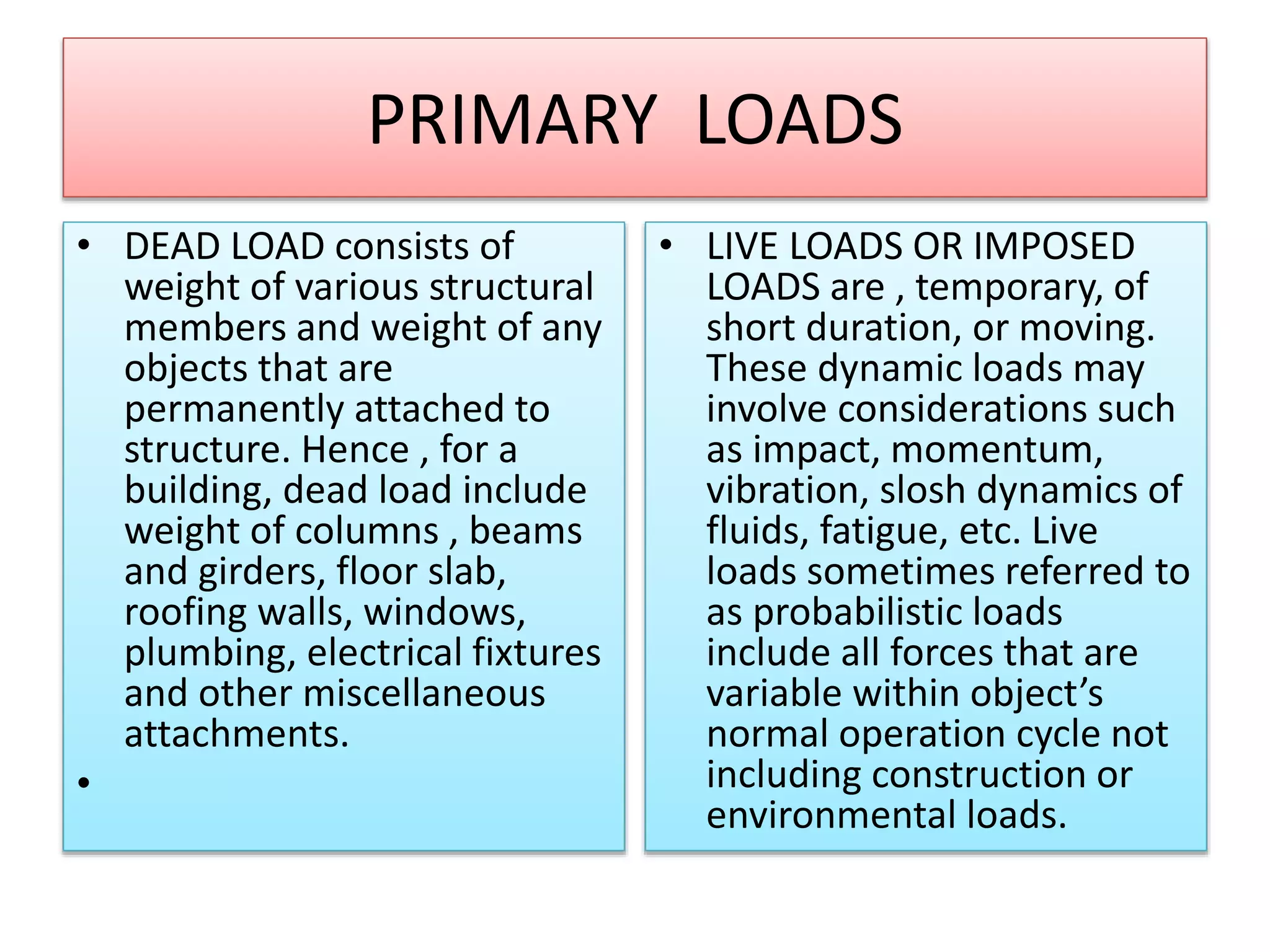 PRIMARY LOADS
• DEAD LOAD consists of
weight of various structural
members and weight of any
objects that are
permanently attached to
structure. Hence , for a
building, dead load include
weight of columns , beams
and girders, floor slab,
roofing walls, windows,
plumbing, electrical fixtures
and other miscellaneous
attachments.
•
• LIVE LOADS OR IMPOSED
LOADS are , temporary, of
short duration, or moving.
These dynamic loads may
involve considerations such
as impact, momentum,
vibration, slosh dynamics of
fluids, fatigue, etc. Live
loads sometimes referred to
as probabilistic loads
include all forces that are
variable within object’s
normal operation cycle not
including construction or
environmental loads.
 