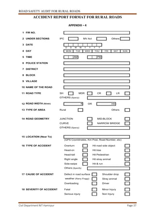 ROAD SAFETY AUDIT FOR RURAL ROADS
Civil Department NIT Hamirpur Page 37
ACCIDENT REPORT FORMAT FOR RURAL ROADS
APPENDIX – 4
1 FIR NO.
2 UNDER SECTIONS IPC MV Act Others
3 DATE
D D M M Y Y Y Y
4 DAY
5 TIME AM PM
6 POLICE STATION
7 DISTRICT
8 BLOCK
9 VILLAGE
10 NAME OF THE ROAD
11 ROAD TYPE SH MDR CR LR
OTHERS (Speciy)
12 ROAD WIDTH (ft/mtr) ft OR mtr
13 TYPE OF AREA Rural Others
14 ROAD GEOMETRY JUNCTION MID-BLOCK
CURVE NARROW BRIDGE
OTHERS (Speciy)
15 LOCATION (Near To)
(GPS Cooridinates, Km Post, Road Number, etc)
16 TYPE OF ACCIDENT Overturn Hit road side object
Head-on Hit tree
Head-tail Hit Pedestrian
Right angle Hit stray animal
Side-swipe Hit & run
Others (Specify)
17 CAUSE OF ACCIDENT Defect in road surface Shoulder drop
weather (Rainy /Foggy) Stray animal
Overloading Driver
18 SEVERITY OF ACCIDENT Fatal Minor Injury
Serious injury Non Injury
FRI SAT SUNMON TUE WED THU
 
