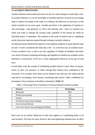 ROAD SAFETY AUDIT FOR RURAL ROADS
Civil Department NIT Hamirpur Page 4
1.3 ACCIDENT PREVENTION
Accident reduction and accident prevention are the two main strategies in road safety work.
In accident reduction, we use the knowledge of accidents that have occurred on our existing
roads to improve the design of the roads or to influence the behaviour of road users, so that
similar accidents do not occur again. Accident prevention is the application of expertise in
safe road design - road geometry, as well as the materials used - when we construct new
streets and roads or redesign the existing roads, regardless of the reasons for which an
individual project is undertaken. This expertise is the result of research and to a significant
extent of practical experience gained through working on accident reduction.
Accident prevention should be the objective of any highway authority to ensure that the roads
are safe. A road is considered safe when only a few - or, in the best case, no accident occurs.
If many accidents occur, a road is not safe, regardless of whether all standards and norms
were observed during its planning and design, and regardless of whether any accidents can be
attributed to contravention of the law or other inappropriate behaviour on the part of road
users.
In road safety work, the concept of 'contributing accident factors' is used. There are factors,
which, by their very presence, or which, through their absence have contributed to the
occurrence of an accident. Such factors can be related to the road user, the vehicle and the
road and its surroundings. Each element, constituting many factors within, contribution (in
percentage) in the occurrence of accidents is presented in Table 1.2.
Table 1.2 Percentage-Wise Contribution of Various Elements in Road Accidents
Road users are not perfect. Behaviour of road users appears as a contributing factor in all
road accidents. This does not mean, however, that road engineering measures have no effect
 