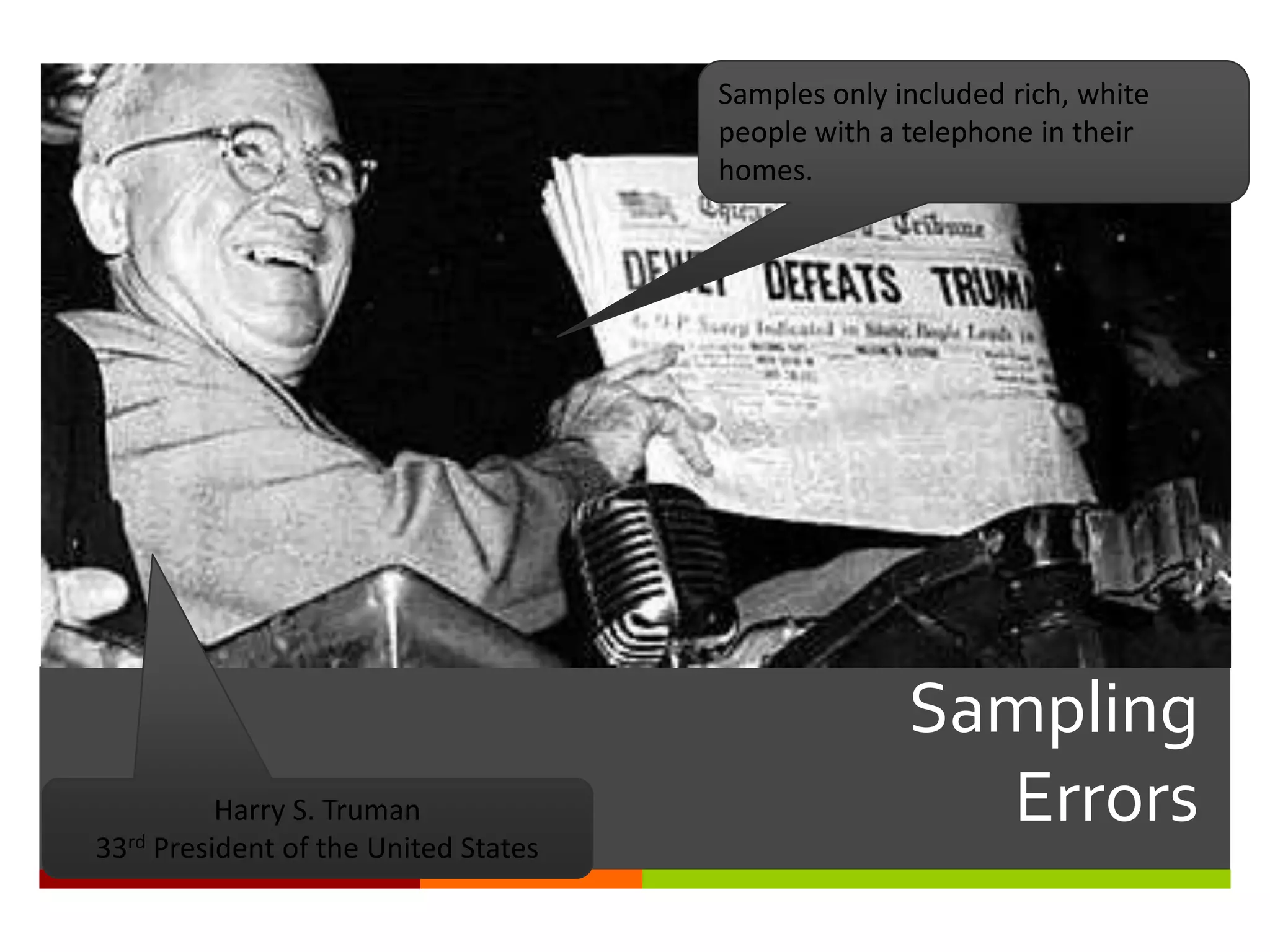 Samples only included rich, white
                                      people with a telephone in their
                                      homes.




                                                    Sampling
          Harry S. Truman                             Errors
33rd President of the United States
 