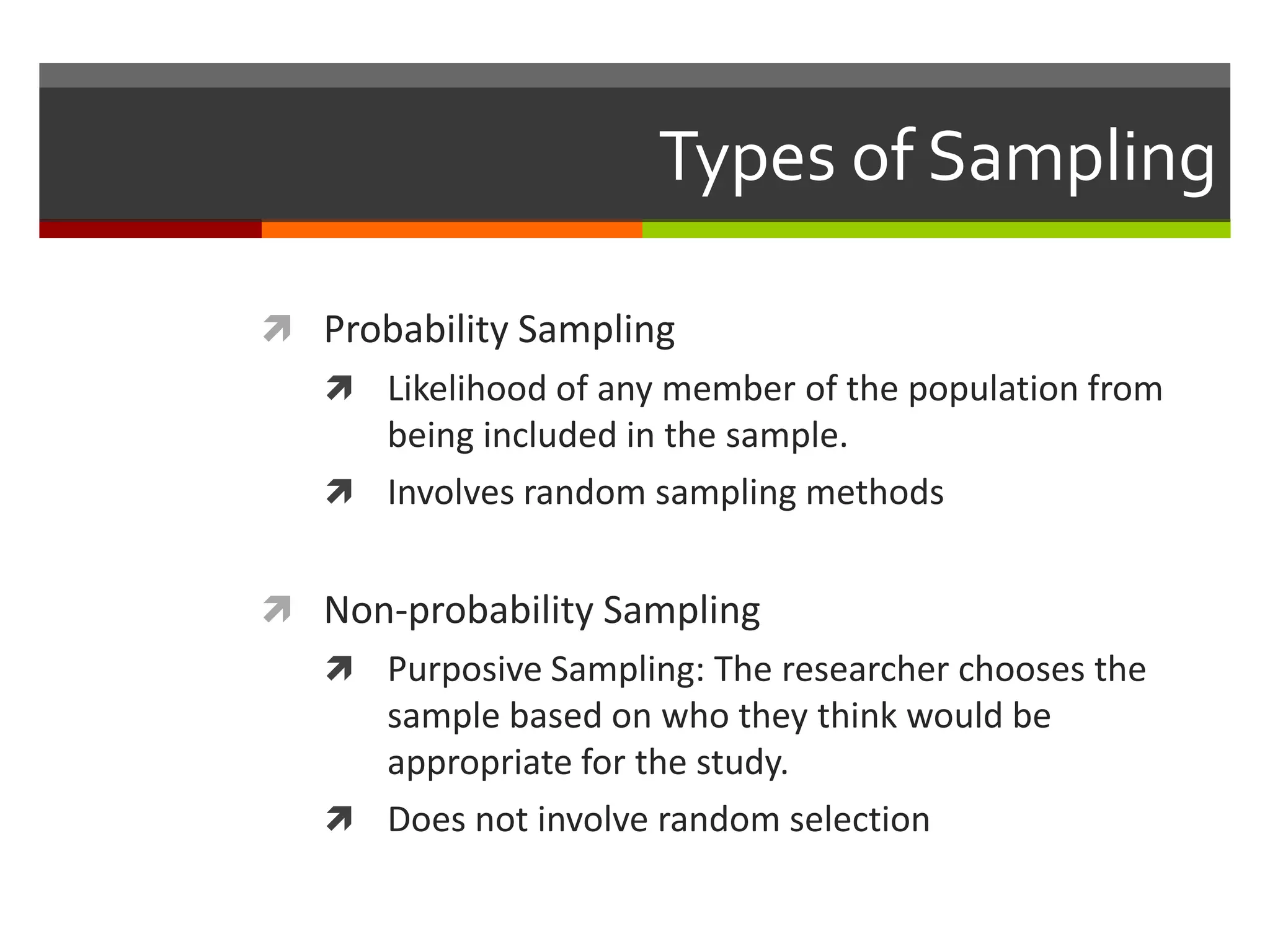 Types of Sampling

 Probability Sampling
    Likelihood of any member of the population from
     being included in the sample.
    Involves random sampling methods


 Non-probability Sampling
    Purposive Sampling: The researcher chooses the
     sample based on who they think would be
     appropriate for the study.
    Does not involve random selection
 
