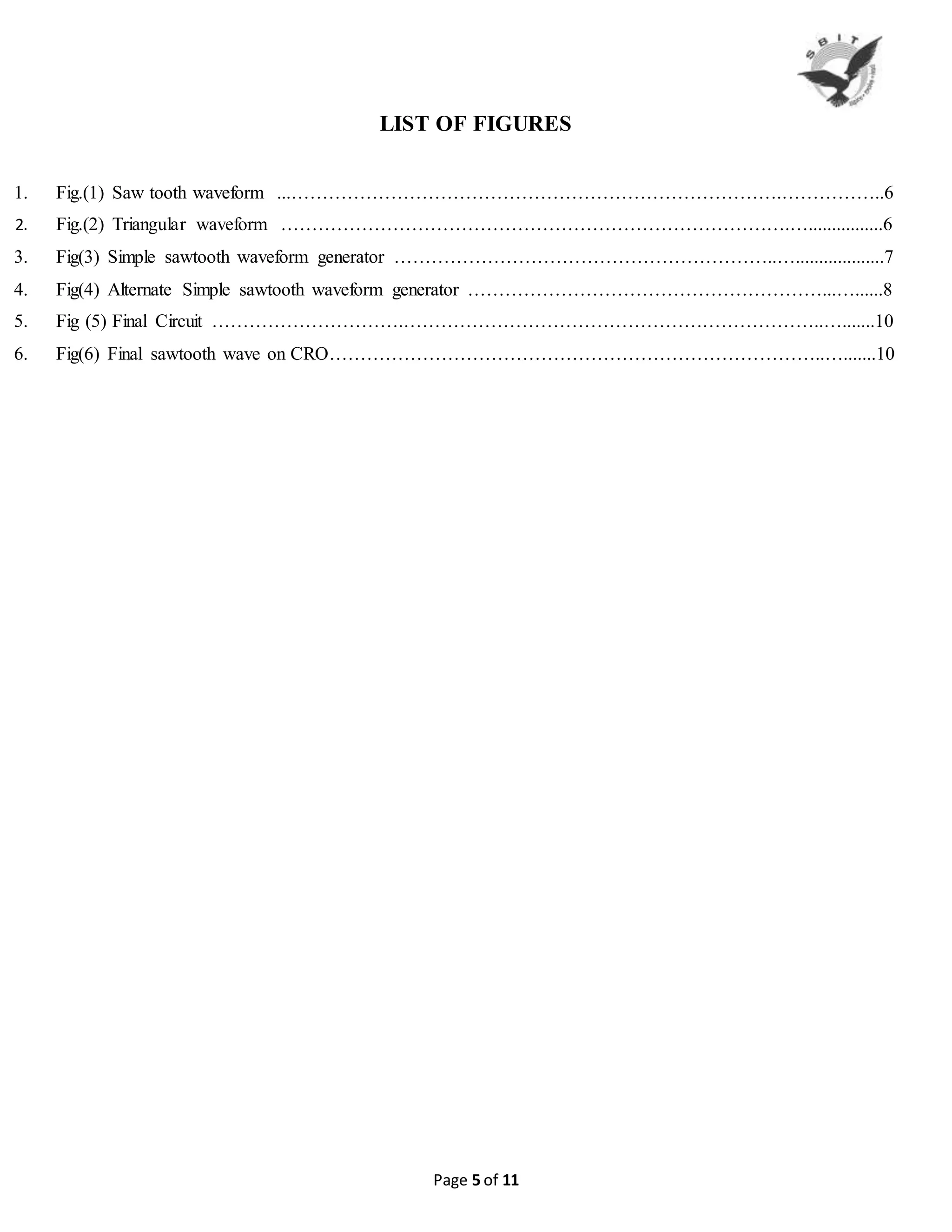 Page 5 of 11
LIST OF FIGURES
1. Fig.(1) Saw tooth waveform ...…………………………………………………………………….……………..6
2. Fig.(2) Triangular waveform ……………………………………………………………………….…................6
3. Fig(3) Simple sawtooth waveform generator ……………………………………………………..…...................7
4. Fig(4) Alternate Simple sawtooth waveform generator …………………………………………………...…......8
5. Fig (5) Final Circuit ………………………….…………………………………………………………..….......10
6. Fig(6) Final sawtooth wave on CRO……………………………………………………………………..….......10
 