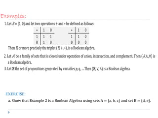 1.LetB={1,0} andlettwooperations+and∗bedefinedasfollows:
+ 1 0 ∗ 1 0
1 1 1 1 1 0
0 1 0 0 0 0
ThenB,ormorepreciselythetriplet(B,+,∗),isaBooleanalgebra.
2. Let 𝒜 be a family of sets that is closed under operation of union, intersection, and complement. Then 𝒜,∪,∩) is
aBooleanalgebra.
3.Let 𝓑thesetofpropositionsgeneratedbyvariables 𝑝, 𝑞,….Then(𝓑,∨,∧)isaBooleanalgebra.
EXERCISE:
Examples:
a. Show that Example 2 is a Boolean Algebra using sets A = {a, b, c} and set B = {d, e}.
 