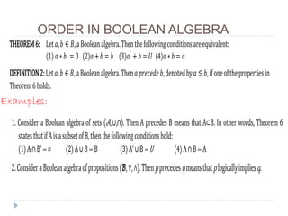 ORDER IN BOOLEAN ALGEBRA
THEOREM6: Let 𝑎, 𝑏 ⋲ 𝐵,aBooleanalgebra.Thenthefollowingconditionsareequivalent:
(1) 𝑎 ∗ 𝑏′
= 0 (2)𝑎 + 𝑏 = 𝑏 (3)𝑎′
+ 𝑏 = 𝑈 (4)𝑎 ∗ 𝑏 = 𝑎
DEFINITION2:Let 𝑎,𝑏 ⋲ 𝐵,aBooleanalgebra.Then 𝑎 𝑝𝑟𝑒𝑐𝑒𝑑𝑒 𝑏,denotedby 𝑎 ≲ 𝑏,ifoneofthepropertiesin
Theorem6holds.
Examples:
1. Consider a Boolean algebra of sets 𝒜,∪,∩). Then A precedes B means that A⊂B. In other words, Theorem 6
statesthatifAisasubsetofB,thenthefollowingconditionshold:
1)A∩B’=⌀ 2)A∪B=B 3)A’∪B=U 4)A∩B=A
2.ConsideraBooleanalgebraofpropositions(𝓑,∨,∧).Thenpprecedesqmeansthatplogicallyimpliesq.
 