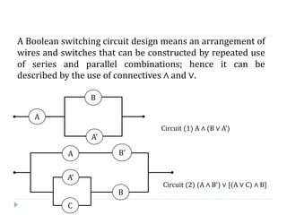 A Boolean switching circuit design means an arrangement of
wires and switches that can be constructed by repeated use
of series and parallel combinations; hence it can be
described by the use of connectives ∧ and ∨.
A
B
A’
C
A’
B
A B’
Circuit 2) A ∧ B’) ∨ [ A ∨ C) ∧ B]
Circuit 1) A ∧ B ∨ A’)
 