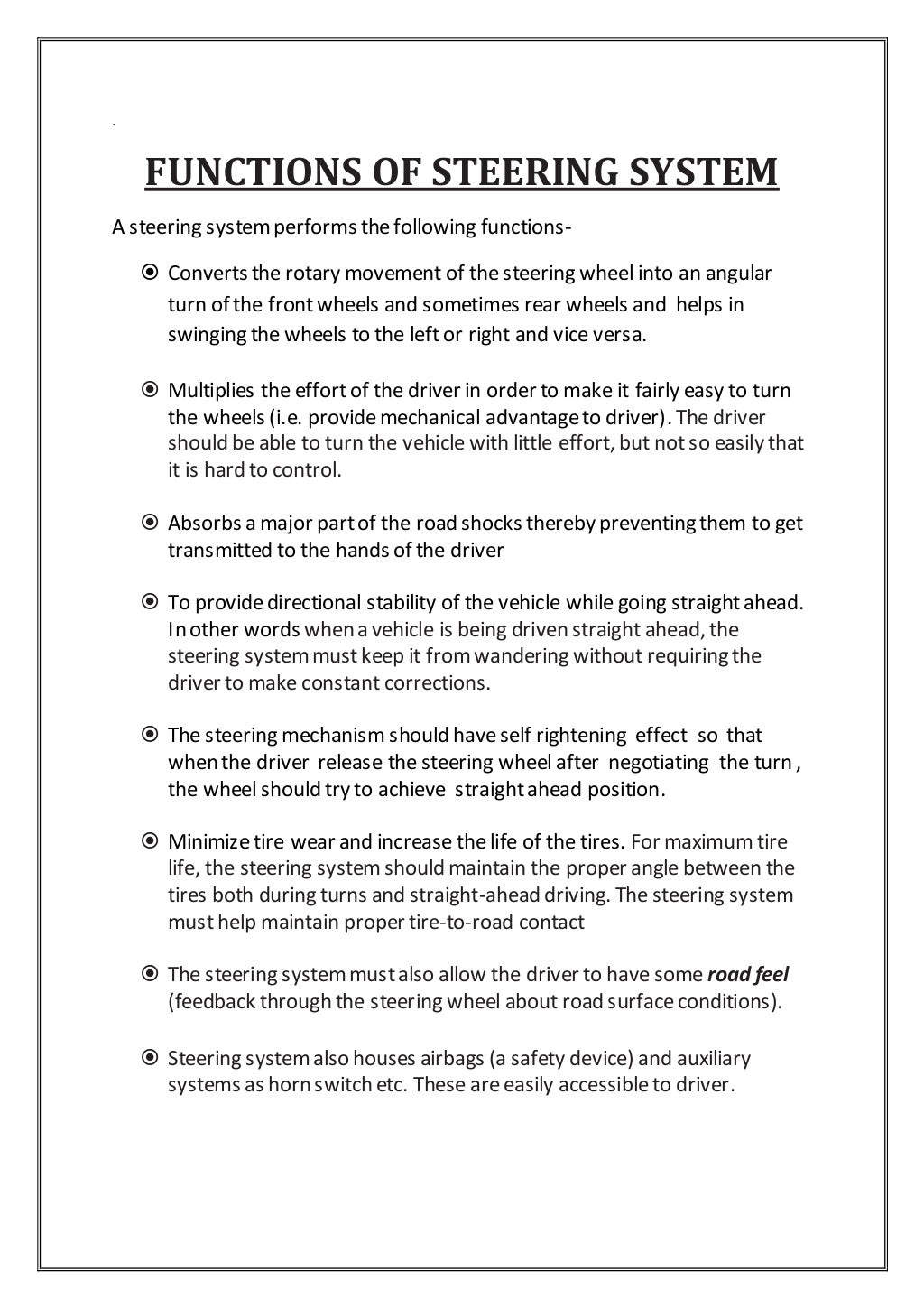 Report on steering system