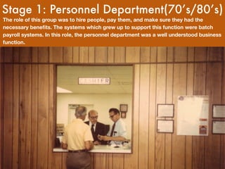Stage 1: Personnel Department(70’s/80’s)
The role of this group was to hire people, pay them, and make sure they had the
necessary beneﬁts. The systems which grew up to support this function were batch
payroll systems. In this role, the personnel department was a well understood business
function.
 