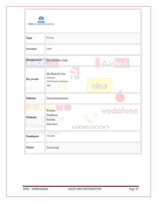 Type           Private



 Founded        2000



 Headquarters   Navi Mumbai, India



                Mr. Ratan N. Tata
                (Chairman)
 Key people
                Anil Kumar Sardana
                (MD)




 Industry       Telecommunications



                Wireless
                Telephone
 Products
                Internet
                Television



 Employees      350,000



 Parent         Tata Group




IIPM – AHMEDABAD                     SALES AND DISTRIBUTION   Page 37
 