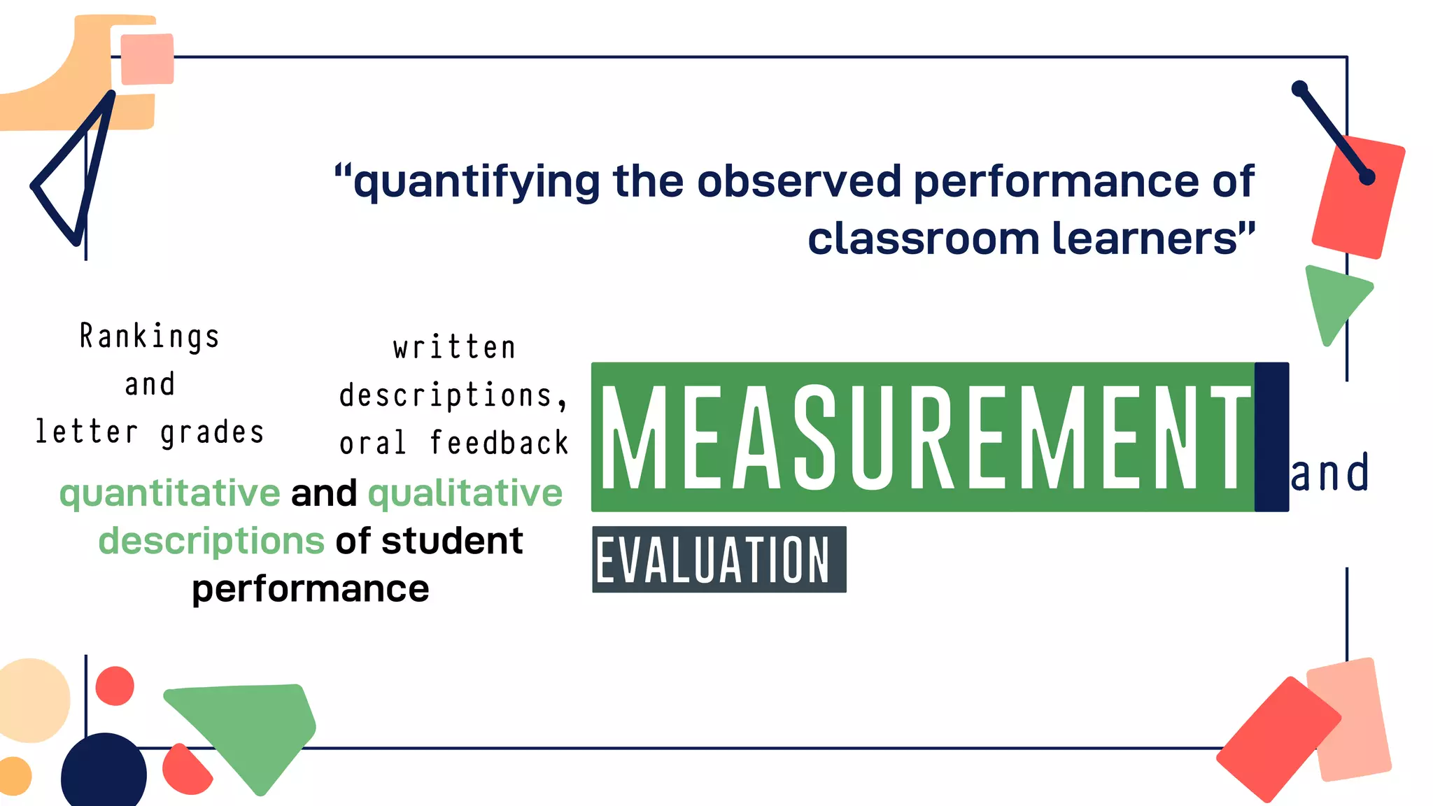 “quantifying the observed performance of
classroom learners”
quantitative and qualitative
descriptions of student
performance
MEASUREMENT
EVALUATION
 