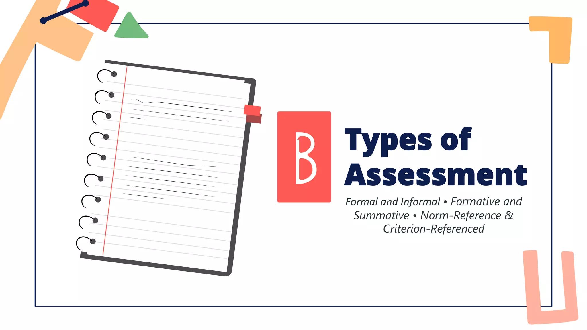 Types of
Assessment
BFormal and Informal • Formative and
Summative • Norm-Reference &
Criterion-Referenced
 