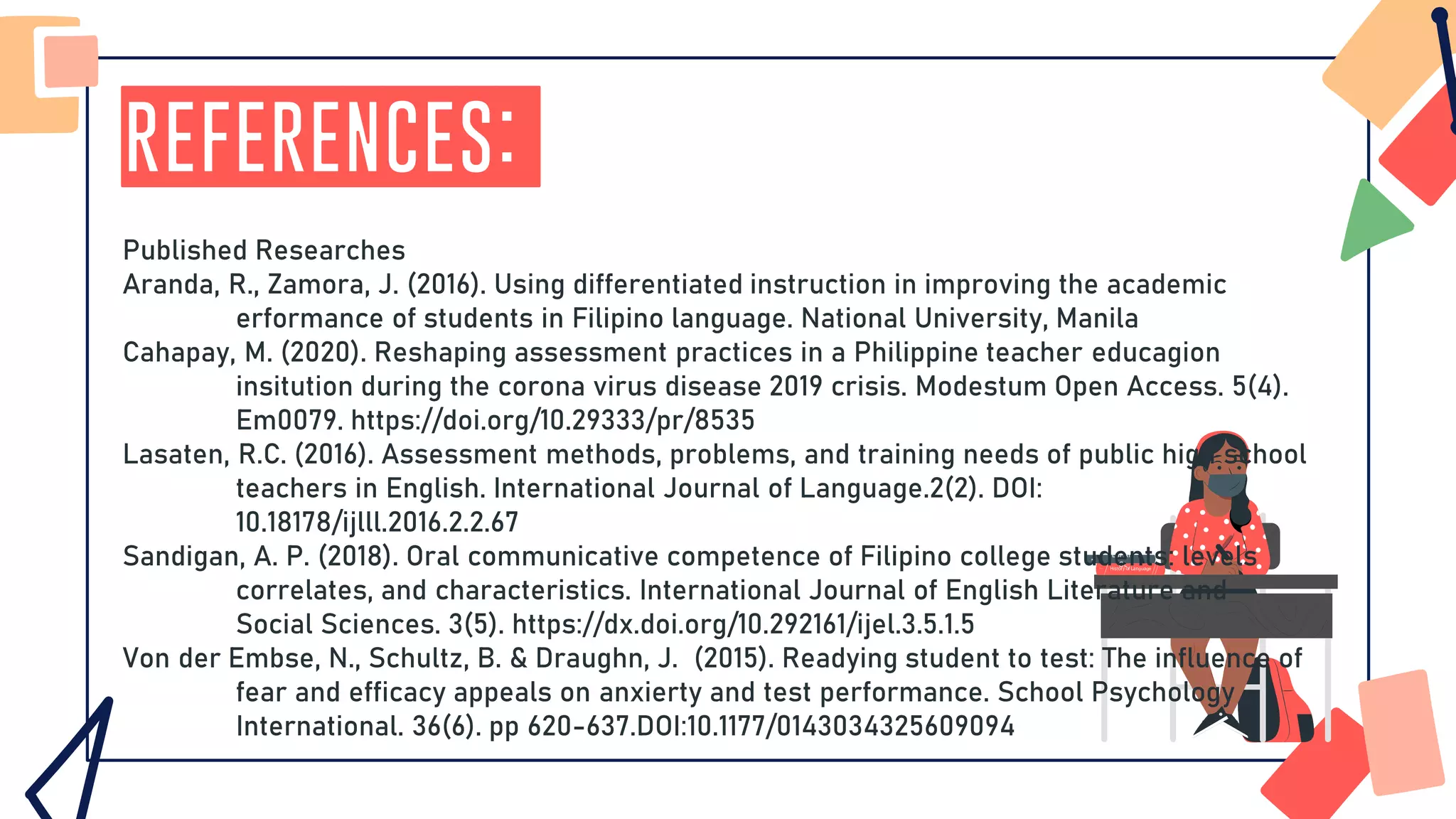 References:
ESPAÑ
OL
Published Researches
Aranda, R., Zamora, J. (2016). Using differentiated instruction in improving the academic
erformance of students in Filipino language. National University, Manila
Cahapay, M. (2020). Reshaping assessment practices in a Philippine teacher educagion
insitution during the corona virus disease 2019 crisis. Modestum Open Access. 5(4).
Em0079. https://doi.org/10.29333/pr/8535
Lasaten, R.C. (2016). Assessment methods, problems, and training needs of public high school
teachers in English. International Journal of Language.2(2). DOI:
10.18178/ijlll.2016.2.2.67
Sandigan, A. P. (2018). Oral communicative competence of Filipino college students: levels
correlates, and characteristics. International Journal of English Literature and
Social Sciences. 3(5). https://dx.doi.org/10.292161/ijel.3.5.1.5
Von der Embse, N., Schultz, B. & Draughn, J. (2015). Readying student to test: The influence of
fear and efficacy appeals on anxierty and test performance. School Psychology
International. 36(6). pp 620-637.DOI:10.1177/0143034325609094
 
