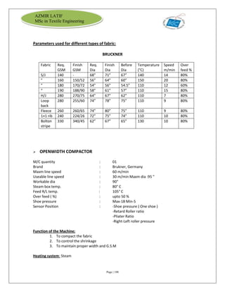 Page | 108
AZMIR LATIF
MSc in Textile Engineering
Parameters used for different types of fabric:
BRUCKNER
Fabric Req.
GSM
Finish
GSM
Req.
Dia
Finish
Dia
Before
Dia
Temperature
(°C)
Speed
m/min
Over
feed %
S/J 140 - 68” 71” 67” 140 14 80%
” 160 150/52 56” 64” 60” 150 20 80%
” 180 170/72 54” 56” 54.5” 110 12 60%
“ 190 188/90 58” 61” 57” 110 15 80%
H/J 280 270/75 64” 67” 62” 110 7 80%
Loop
back
280 255/60 74” 78” 75” 110 9 80%
Fleece 260 260/65 74” 80” 75” 110 9 80%
1×1 rib 240 224/26 72” 75” 74” 110 10 80%
Bolton
stripe
330 340/45 62” 67” 65” 130 10 80%
 OPENWIDTH COMPACTOR
M/C quantity : 01
Brand : Brukner, Germany
Maxm line speed : 60 m/min
Useable line speed : 30 m/min Maxm dia :95 "
Workable dia : 90"
Steam box temp. : 80° C
Feed R/L temp. : 105° C
Over feed ( %) : upto 50 %
Shoe pressure : Max-18 Min-5
Sensor Position : -Shoe pressure ( One shoe )
-Retard Roller ratio
-Pliater Ratio
-Right-Left roller pressure
Function of the Machine:
1. To compact the fabric
2. To control the shrinkage
3. To maintain proper width and G.S.M
Heating system: Steam
 