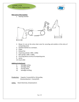 Page | 109
AZMIR LATIF
MSc in Textile Engineering
Main parts of the machine:
1. Heating chamber
2. Blower (2, one at the entry chain zone for uncurling and another at the entry of
compacting zone)
3. Synthetic blanket as a conveyor,
4. Folder
5. Exhaust fan
6. Unpinning cylinder (-40%+40%)
7. Belt cylinder (-40%+40%)
8. Uncurling device at entry of compacting zone.
9. sensor
10. brush roller
Additional attachment:
i) Selvedge cutting
ii) Selvedge safety
iii) Pinning safety
iv) Selvedge unrolling
Production: Capacity: 5 tones/shift or 10 tons/day
Actual production: 4 tones/shift.
Utility: Steam Electricity, Compressed air.
 