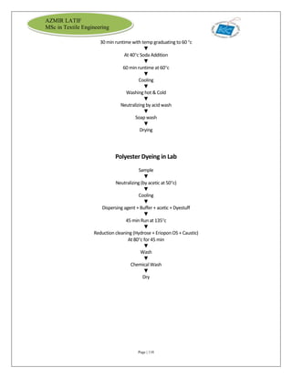 Page | 118
AZMIR LATIF
MSc in Textile Engineering
30 min runtime with temp graduating to 60 c
▼
At 40c Soda Addition
▼
60 min runtime at 60c
▼
Cooling
▼
Washing hot & Cold
▼
Neutralizing by acid wash
▼
Soap wash
▼
Drying
Polyester Dyeing in Lab
Sample
▼
Neutralizing (by acetic at 50c)
▼
Cooling
▼
Dispersing agent + Buffer + acetic + Dyestuff
▼
45 min Run at 135c
▼
Reduction cleaning (Hydrose + Eriopon OS + Caustic)
At 80c for 45 min
▼
Wash
▼
Chemical Wash
▼
Dry
 