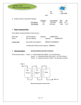 Page | 146
AZMIR LATIF
MSc in Textile Engineering
pH – 8-9
TDS – 2000-3000
ppm
 Quality of water required for Dyeing:
Hardness Iron content TDS pH
Knit dyeing - <70 0.02 ppm <500 6.5-7
Yarn dyeing - <50 0.02 ppm <500 6.5-7
 Water Treatment Plant:
Three Water Treatment Plants in Knit concern.
Plant 1&2 : KCL Knit dyeing – Capacity 250000 lit/hr
Plant 3 : KCL Yarn dyeing – Capacity 150000 lit/hr
In plant 1&2: Raw water tank capacity – 288222 lit & 660000 lit
Treated water Reserve tank capacity – 960000 lit
 Plant Description: Demineralization by Resin treatment
Three vessels system – Vessel – 1 – Multi-Grade Filter (MGF) – For Iron Removal
Vessel – 2 – Activated Carbon Filter (ACF) – For TDS removal
Vessel – 3 – Softener Filter (SF -Resin) – For Hardness removal
 