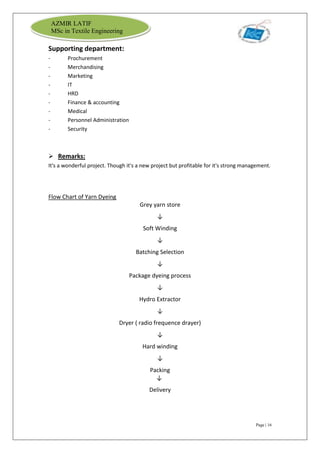 Page | 16
AZMIR LATIF
MSc in Textile Engineering
Supporting department:
- Prochurement
- Merchandising
- Marketing
- IT
- HRD
- Finance & accounting
- Medical
- Personnel Administration
- Security
 Remarks:
It's a wonderful project. Though it's a new project but profitable for it's strong management.
Flow Chart of Yarn Dyeing
Grey yarn store
↓
Soft Winding
↓
Batching Selection
↓
Package dyeing process
↓
Hydro Extractor
↓
Dryer ( radio frequence drayer)
↓
Hard winding
↓
Packing
↓
Delivery
 