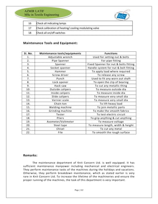 Page | 162
AZMIR LATIF
MSc in Textile Engineering
16 Check all indicating lamps
17 Check calibration of heating/ cooling modulating valve
18 Check all on/off switches
Maintenance Tools and Equipment:
Sl. No. Maintenance tools/equipments Functions
1. Adjustable wrench Used for setting nut & bolts
2. Pipe Spanner For pipe fitting
3. Spanner Fixed Spanner for nut & bolts fitting
4. Socket spanner Handle system for nut & bolt fitting
5. Hammer To apply load where required
6. Screw driver To release any screw
7. Punch Used to fit any worn out shaft
8. Lock opener To open the clip of bearing
9. Hack saw To cut any metallic thing
10. Outside calipers To measure outside dia
11. Inside calipers To measure inside dia
12. Slide calipers To measure very small dia
13. Vernier scale To measure very small dia
14. Chain ton To lift heavy load
15. Welding machine To join metallic parts
16. Grinding machine To make the smooth fabrics
17. Tester To test electric circuit
18. Pliers To grip anything & cut anything
19. Avometer/Voltmeter To measure voltage
20. Steel tape To measure length, width & height
21. Chisel To cut any metal
22. File To smooth the rough surface
Remarks:
The maintenance department of Knit Concern Ltd. is well equipped. It has
sufficient maintenance manpower including mechanical and electrical engineers.
They perform maintenance tasks of the machines during the holidays and vacations.
Otherwise, they perform breakdown maintenance, which as stated earlier is very
rare in Knit Concern Ltd. To increase the lifetime of the machineries and ensure the
proper running of the machines, the task of this department is very important.
 