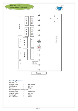 Page | 22
AZMIR LATIF
MSc in Textile Engineering
Controlling Parameters
For m/cs 1-5
Winding speed : 800 m/min
Initil Traverse : 157 mm
Tension : 5-6 gm
For Sewing Thread winding m/c
Winding speed : 1000 m/min
Traverse length : 105 mm
Yarn length : 4000m
Full bobbin dia : 70mm
0
9
1
1
0
8
1
0
1
2
 