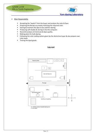 Page | 23
AZMIR LATIF
MSc in Textile Engineering
Yarn dyeing Laboratory
 Main Responsibility
 Accepting the ‘Swatch’ from the buyer and analyze the color & Dyes.
 Preparing the Recipe accurately matching the required color.
 Storing & maintain the dyes to be used for dyeing.
 Producing self-shades & storing it into the computer.
 Record & analysis of chemicals & dyes quality.
 Making plans for bulk dyeing.
 Following the color coding system given by the distinctive buyer & also prepare own
color bank.
 Testing the dyed goods.
Lay-out
 