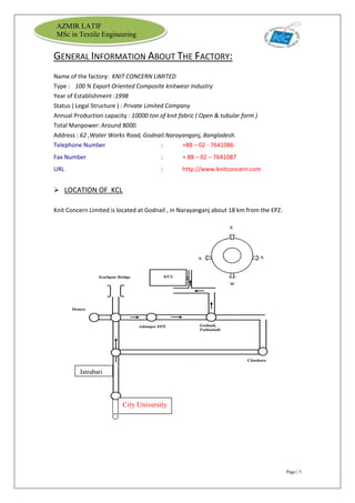 Page | 5
AZMIR LATIF
MSc in Textile Engineering
GENERAL INFORMATION ABOUT THE FACTORY:
Name of the factory: KNIT CONCERN LIMITED
Type : 100 % Export Oriented Composite knitwear Industry
Year of Establishment :1998
Status ( Legal Structure ) : Private Limited Company
Annual Production capacity : 10000 ton of knit fabric ( Open & tubular form )
Total Manpower: Around 8000
Address : 62 ,Water Works Road, Godnail.Narayanganj, Bangladesh.
Telephone Number : +88 – 02 - 7641086
Fax Number : + 88 – 02 – 7641087
URL : http://www.knitconcern.com
 LOCATION OF KCL
Knit Concern Limited is located at Godnail , in Narayanganj about 18 km from the EPZ.
City University
Jatrabari
 