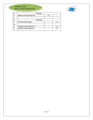 Page | 56
AZMIR LATIF
MSc in Textile Engineering
E
R
T
R
E
A
T
M
E
N
T
Soaping
Albatex AD (Washing off) 1.0 -
Finishing
Permafix RD (Fixing) - 1.5
Tubingal 1112 (Softener) - 1.5
Oiling CT-200 (Softener) - 1.5
 