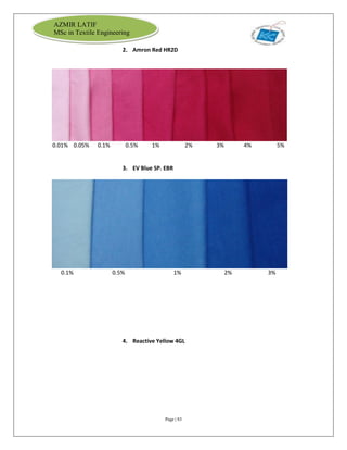 Page | 83
AZMIR LATIF
MSc in Textile Engineering
2. Amron Red HR2D
0.01% 0.05% 0.1% 0.5% 1% 2% 3% 4% 5%
3. EV Blue SP. EBR
0.1% 0.5% 1% 2% 3%
4. Reactive Yellow 4GL
 