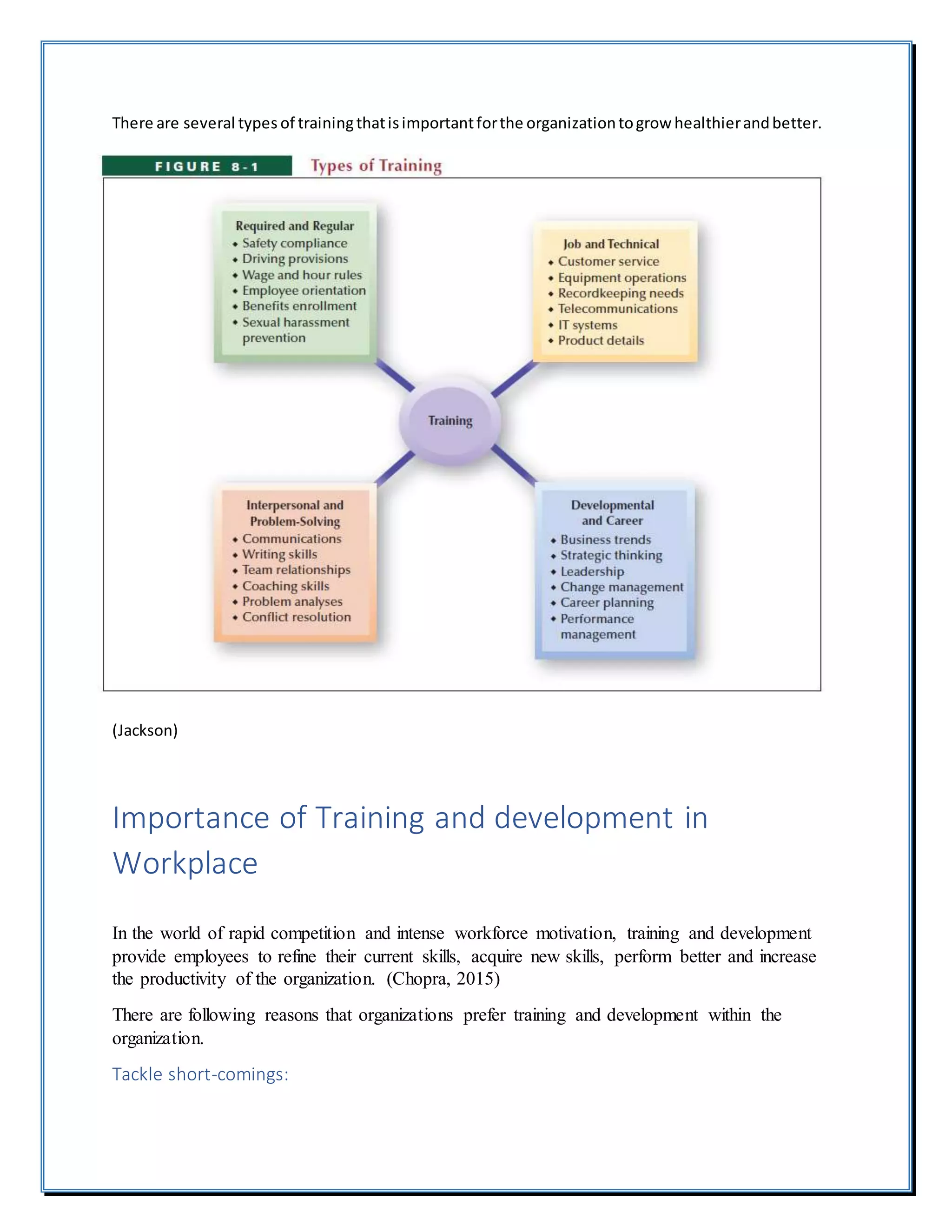 There are several types of trainingthatisimportantforthe organizationtogrow healthierandbetter.
(Jackson)
Importance of Training and development in
Workplace
In the world of rapid competition and intense workforce motivation, training and development
provide employees to refine their current skills, acquire new skills, perform better and increase
the productivity of the organization. (Chopra, 2015)
There are following reasons that organizations prefer training and development within the
organization.
Tackle short-comings:
 