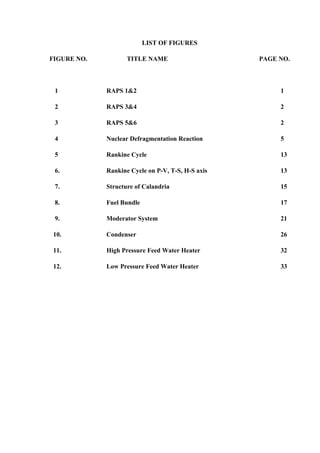 LIST OF FIGURES
FIGURE NO. TITLE NAME PAGE NO.
1 RAPS 1&2 1
2 RAPS 3&4 2
3 RAPS 5&6 2
4 Nuclear Defragmentation Reaction 5
5 Rankine Cycle 13
6. Rankine Cycle on P-V, T-S, H-S axis 13
7. Structure of Calandria 15
8. Fuel Bundle 17
9. Moderator System 21
10. Condenser 26
11. High Pressure Feed Water Heater 32
12. Low Pressure Feed Water Heater 33
 