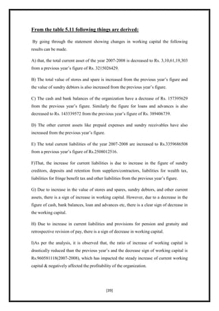 From the table 5.11 following things are derived:

By going through the statement showing changes in working capital the following
results can be made.

A) that, the total current asset of the year 2007-2008 is decreased to Rs. 3,10,61,19,303
from a previous year‟s figure of Rs. 3215026429.

B) The total value of stores and spare is increased from the previous year‟s figure and
the value of sundry debtors is also increased from the previous year‟s figure.

C) The cash and bank balances of the organization have a decrease of Rs. 157395629
from the previous year‟s figure. Similarly the figure for loans and advances is also
decreased to Rs. 143339572 from the previous year‟s figure of Rs. 389406739.

D) The other current assets like prepaid expenses and sundry receivables have also
increased from the previous year‟s figure.

E) The total current liabilities of the year 2007-2008 are increased to Rs.3359686508
from a previous year‟s figure of Rs.2508012516.

F)That, the increase for current liabilities is due to increase in the figure of sundry
creditors, deposits and retention from suppliers/contractors, liabilities for wealth tax,
liabilities for fringe benefit tax and other liabilities from the previous year‟s figure.

G) Due to increase in the value of stores and spares, sundry debtors, and other current
assets, there is a sign of increase in working capital. However, due to a decrease in the
figure of cash, bank balances, loan and advances etc, there is a clear sign of decrease in
the working capital.

H) Due to increase in current liabilities and provisions for pension and gratuity and
retrospective revision of pay, there is a sign of decrease in working capital.

I)As per the analysis, it is observed that, the ratio of increase of working capital is
drastically reduced than the previous year‟s and the decrease sign of working capital is
Rs.960581118(2007-2008), which has impacted the steady increase of current working
capital & negatively affected the profitability of the organization.




                                             [39]
 