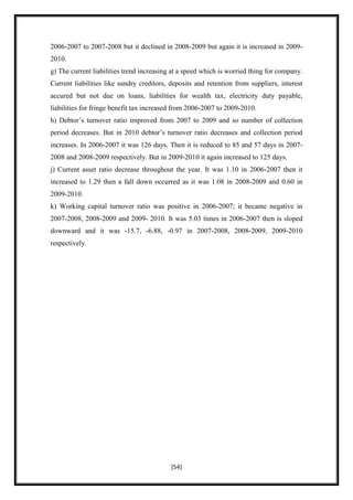 2006-2007 to 2007-2008 but it declined in 2008-2009 but again it is increased in 2009-
2010.
g) The current liabilities trend increasing at a speed which is worried thing for company.
Current liabilities like sundry creditors, deposits and retention from suppliers, interest
accured but not due on loans, liabilities for wealth tax, electricity duty payable,
liabilities for fringe benefit tax increased from 2006-2007 to 2009-2010.
h) Debtor‟s turnover ratio improved from 2007 to 2009 and so number of collection
period decreases. But in 2010 debtor‟s turnover ratio decreases and collection period
increases. In 2006-2007 it was 126 days. Then it is reduced to 85 and 57 days in 2007-
2008 and 2008-2009 respectively. But in 2009-2010 it again increased to 125 days.
j) Current asset ratio decrease throughout the year. It was 1.10 in 2006-2007 then it
increased to 1.29 then a fall down occurred as it was 1.08 in 2008-2009 and 0.60 in
2009-2010.
k) Working capital turnover ratio was positive in 2006-2007; it became negative in
2007-2008, 2008-2009 and 2009- 2010. It was 5.03 times in 2006-2007 then is sloped
downward and it was -15.7, -6.88, -0.97 in 2007-2008, 2008-2009, 2009-2010
respectively.




                                           [54]
 