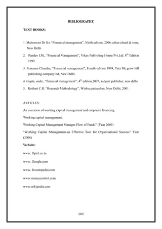 BIBLIOGRAPHY

TEXT BOOKS:


1. Maheswari Dr S.n “Financial management”, Ninth edition, 2006 sultan chand & sons,
  New Delhi

2. Pandey I.M., “Financial Management”, Vikas Publishing House Pvt.Ltd. 8th Edition
   1999.

3. Prasanna Chandra, “Financial management”, Fourth edition 1999, Tata Mc.graw hill
   publishing company ltd, New Delhi.

4. Gupta, sashi., “financial management”, 4th edition,2007, kalyani publisher, new delhi

5. Kothari C.R. “Research Methodology”, Wishva prakashan, New Delhi, 2001.



ARTICLES:

An overview of working capital management and corporate financing.

Working capital management.

Working Capital Management Manages Flow of Funds” (Year 2009)

“Working Capital Management-an Effective Tool for Organisational Success” Year
(2008)

Website:

www. Optcl.co.in

www. Google.com

www. Investopedia.com

www.moneycontrol.com

www.wikipedia.com




                                          [59]
 
