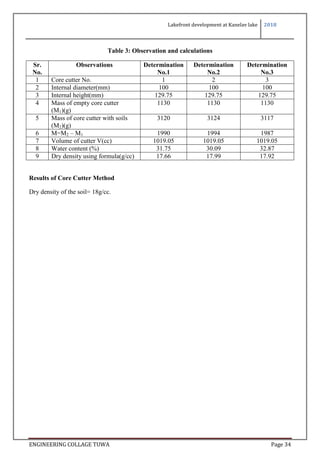 Lakefront development at Kanelav lake 2018
ENGINEERING COLLAGE TUWA Page 34
Table 3: Observation and calculations
Sr.
No.
Observations Determination
No.1
Determination
No.2
Determination
No.3
1 Core cutter No. 1 2 3
2 Internal diameter(mm) 100 100 100
3 Internal height(mm) 129.75 129.75 129.75
4 Mass of empty core cutter
(M1)(g)
1130 1130 1130
5 Mass of core cutter with soils
(M2)(g)
3120 3124 3117
6 M=M2 – M1 1990 1994 1987
7 Volume of cutter V(cc) 1019.05 1019.05 1019.05
8 Water content (%) 31.75 30.09 32.87
9 Dry density using formula(g/cc) 17.66 17.99 17.92
Results of Core Cutter Method
Dry density of the soil= 18g/cc.
 