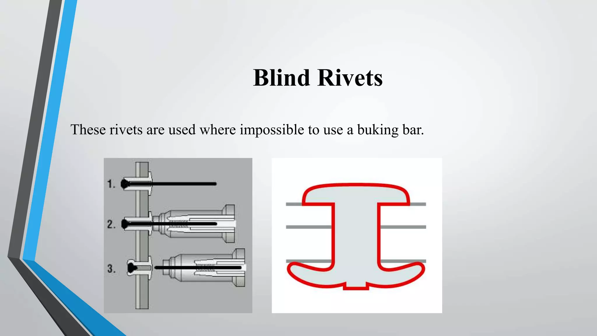 Blind Rivets
These rivets are used where impossible to use a buking bar.
 