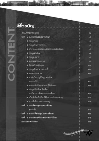 โรงเรียนพิริยาลัยจังหวัดแพร ๒๕๕๕
๓
ÊÒÃ...¨Ò¡¼ÙŒÍíÒ¹ÇÂ¡ÒÃ ñ
º··Õè ð ÊÀÒ¾·ÑèÇä»¢Í§Ê¶Ò¹ÈÖ¡ÉÒ ó
❖ ¢ŒÍÁÙÅ·ÑèÇä» ô
❖ ¢ŒÍÁÙÅ´ŒÒ¹¡ÒÃºÃÔËÒÃ ô
❖ »ÃÐÇÑμÔâ´ÂÂ‹Í¢Í§âÃ§àÃÕÂ¹¾ÔÃÔÂÒÅÑÂ¨Ñ§ËÇÑ´á¾Ã‹ õ
❖ ¢ŒÍÁÙÅ¹Ñ¡àÃÕÂ¹ ø
❖ ¢ŒÍÁÙÅºØ¤ÅÒ¡Ã ù
❖ ÊÀÒ¾ªØÁª¹â´ÂÃÇÁ ù
❖ â¤Ã§ÊÃŒÒ§ËÅÑ¡ÊÙμÃ ñð
❖ ¢ŒÍÁÙÅ´ŒÒ¹ÍÒ¤ÒÃÊ¶Ò¹·Õè òó
❖ á¼¹§º»ÃÐÁÒ³ òó
❖ áËÅ‹§àÃÕÂ¹ÃÙŒÀÙÁÔ»˜ÞÞÒ·ŒÍ§¶Ôè¹
áÅÐ¡ÒÃãªŒ òô
❖ ¼Å¡ÒÃ´íÒà¹Ô¹§Ò¹ã¹ÃÍº»‚·Õè¼‹Ò¹ÁÒ ò÷
❖ ¢ŒÍÁÙÅà¡ÕÂÃμÔÂÈ ª×èÍàÊÕÂ§
áÅÐâ¤Ã§¡ÒÃ´Õà´‹¹¢Í§Ê¶Ò¹ÈÖ¡ÉÒ òø
❖ à¡ÕÂÃμÔºÑμÃ¹Ñ¡àÃÕÂ¹ä´ŒÃÑº¨Ò¡Ë¹‹ÇÂ§Ò¹μ‹Ò§æ óñ
❖ ¡ÒÃà¢ŒÒÃÑº¡ÒÃÍºÃÁ¢Í§¤ÃÙ óù
º··Õè ñ á¼¹¾Ñ²¹Ò¤Ø³ÀÒ¾¡ÒÃÈÖ¡ÉÒ
»ÃÐ¨íÒ»‚ óð
º··Õè ò ¼Å¡ÒÃ¾Ñ²¹Ò¤Ø³ÀÒ¾¡ÒÃÈÖ¡ÉÒ ôñ
º··Õè ó ÊÃØ»¼Å¡ÒÃ¾Ñ²¹Ò¤Ø³ÀÒ¾¡ÒÃÈÖ¡ÉÒ õó
»ÃÐÁÇÅÀÒ¾¡Ô¨¡ÃÃÁ ÷ö
สารบัญ
 
