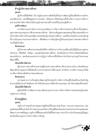 โรงเรียนพิริยาลัยจังหวัดแพร ๒๕๕๕
๖๕
´ŒÒ¹¼ÙŒºÃÔËÒÃÊ¶Ò¹ÈÖ¡ÉÒ
¨Ø´à´‹¹
¼ÙŒºÃÔËÒÃÁÕÇÔÊÑÂ·ÑÈ¹ ÁÕÀÒÇÐ¼ÙŒ¹íÒáÅÐ¤ÇÒÁ¤Ô´ÃÔàÃÔèÁ·Õèà¹Œ¹¡ÒÃ¾Ñ²¹Ò¼ÙŒàÃÕÂ¹ãªŒËÅÑ¡¡ÒÃºÃÔËÒÃ
áººÁÕÊ‹Ç¹Ã‹ÇÁ áÅÐãªŒ¢ŒÍÁÙÅ¼Å¡ÒÃ»ÃÐàÁÔ¹ ËÃ×Í¼Å¡ÒÃÇÔ¨ÑÂà»š¹°Ò¹·Ñé§´ŒÒ¹ÇÔªÒ¡ÒÃáÅÐ¡ÒÃ¨Ñ´¡ÒÃ
ÊÒÁÒÃ¶ºÃÔËÒÃ¨Ñ´¡ÒÃÈÖ¡ÉÒãËŒºÃÃÅØà»‡ÒËÁÒÂμÒÁ·Õè¡íÒË¹´äÇŒã¹á¼¹»¯ÔºÑμÔ¡ÒÃ
¨Ø´·Õè¤ÇÃ¾Ñ²¹Ò
¤ÇÃ¨Ñ´·íÒáÅÐ´íÒà¹Ô¹¡ÒÃμÒÁá¼¹¾Ñ²¹Ò¡ÒÃ¨Ñ´¡ÒÃÈÖ¡ÉÒ¢Í§Ê¶Ò¹ÈÖ¡ÉÒ·ÕèÁØ‹§¾Ñ²¹Ò
¤Ø³ÀÒ¾μÒÁÁÒμÃ°Ò¹¡ÒÃÈÖ¡ÉÒ¢Í§Ê¶Ò¹ÈÖ¡ÉÒ ¨Ñ´ÃÐºº¢ŒÍÁÙÅÊÒÃÊ¹à·ÈáÅÐãªŒÊÒÃÊ¹à·Èã¹¡ÒÃ
ºÃÔËÒÃ¨Ñ´¡ÒÃÁÕ¡ÒÃÊÃŒÒ§áÅÐ¾Ñ²¹ÒáËÅ‹§àÃÕÂ¹ÃÙŒÀÒÂã¹Ê¶Ò¹ÈÖ¡ÉÒ áÅÐãªŒ»ÃÐâÂª¹¨Ò¡áËÅ‹§àÃÕÂ¹ÃÙŒ
·Ñé§ÀÒÂã¹áÅÐÀÒÂ¹Í¡Ê¶Ò¹ÈÖ¡ÉÒ à¾×èÍ¾Ñ²¹Ò¡ÒÃàÃÕÂ¹ÃÙŒ¢Í§¼ÙŒàÃÕÂ¹áÅÐºØ¤ÅÒ¡Ã¢Í§Ê¶Ò¹ÈÖ¡ÉÒ
ÃÇÁ·Ñé§¼ÙŒà¡ÕèÂÇ¢ŒÍ§
¢ŒÍàÊ¹Íá¹Ð
¼ÙŒºÃÔËÒÃÊ¶Ò¹ÈÖ¡ÉÒ¤ÇÃÊ‹§àÊÃÔÁãËŒÁÕ¡ÒÃ¨Ñ´â¤Ã§¡ÒÃ¡Ô¨¡ÃÃÁ·ÕèÊ‹§àÊÃÔÁãËŒ¼ÙŒàÃÕÂ¹ºÃÃÅØμÒÁ
à»‡ÒËÁÒÂ ÇÔÊÑÂ·ÑÈ¹ »ÃÑªÞÒ áÅÐ¨Ø´à¹Œ¹¢Í§Ê¶Ò¹ÈÖ¡ÉÒ Ê‹§àÊÃÔÁâ¤Ã§¡ÒÃ¡Ô¨¡ÃÃÁ¾ÔàÈÉà¾×èÍμÍº
Ê¹Í§¹âÂºÒÂ ¨Ø´à¹Œ¹μÒÁá¹Ç·Ò§¡ÒÃ»¯ÔÃÙ»¡ÒÃÈÖ¡ÉÒà¾×èÍãËŒ¼Å¡ÒÃ´íÒà¹Ô¹§Ò¹ºÃÃÅØà»‡ÒËÁÒÂáÅÐ
¾Ñ²¹Ò´Õ¢Öé¹
à§×èÍ¹ä¢·Õè·íÒãËŒÊíÒàÃç¨
¼ÙŒÍíÒ¹ÇÂ¡ÒÃÊ¶Ò¹ÈÖ¡ÉÒáÅÐÃÍ§¼ÙŒÍíÒ¹ÇÂ¡ÒÃÊ¶Ò¹ÈÖ¡ÉÒ ÁÕ¤ÇÒÁÊÒÁÒÃ¶ã¹¡ÒÃÊ‹§àÊÃÔÁáÅÐ
¾Ñ²¹ÒÈÑ¡ÂÀÒ¾ºØ¤ÅÒ¡ÃãËŒ¾ÃŒÍÁÃÑº¡ÒÃ¡ÃÐ¨ÒÂÍíÒ¹Ò¨ ãËŒ¤íÒá¹Ð¹íÒ ¤íÒ»ÃÖ¡ÉÒ ·Ò§ÇÔªÒ¡ÒÃáÅÐàÍÒã¨ãÊ‹
¡ÒÃ¨Ñ´¡ÒÃÈÖ¡ÉÒàμçÁÈÑ¡ÂÀÒ¾áÅÐàμçÁàÇÅÒ
¢ŒÍàÊ¹Íá¹Ð
·Ø¡¡ÅØ‹ÁÊÒÃÐ¡ÒÃàÃÕÂ¹ÃÙŒ¤ÇÃ¾Ñ²¹Ò¼ÙŒàÃÕÂ¹â´ÂÁÕ¡ÒÃ¨Ñ´¡ÒÃàÃÕÂ¹ÃÙŒ·Õèà¹Œ¹¼ÙŒàÃÕÂ¹à»š¹ÊíÒ¤ÑÞ
ÊÒÁÒÃ¶¤Ô´ÇÔà¤ÃÒÐË ¤Ô´ÊÑ§à¤ÃÒÐË ¤Ô´äμÃ‹μÃÍ§¨Ò¡à¹×éÍËÒÇÔªÒáÅÐàËμØ¡ÒÃ³ ÊÔè§áÇ´ÅŒÍÁ·Õè¹‹ÒÊ¹ã¨
à§×èÍ¹ä¢·Õè·íÒãËŒÊíÒàÃç¨
¼ÙŒàÃÕÂ¹ä´ŒÃÑº¡ÒÃ¾Ñ²¹Ò¨Ò¡Ê¶Ò¹ÈÖ¡ÉÒáÅÐ¡ÃÐºÇ¹¡ÒÃ¨Ñ´¡ÒÃàÃÕÂ¹¡ÒÃÊÍ¹¢Í§¤ÃÙã¹áμ‹ÅÐ
¡ÅØ‹ÁÊÒÃÐ¡ÒÃàÃÕÂ¹ÃÙŒ
´ŒÒ¹¤ÃÙ¼ÙŒÊÍ¹
¨Ø´à´‹¹
¤ÃÙÁÕ¡ÒÃ¡íÒË¹´à»‡ÒËÁÒÂ¤Ø³ÀÒ¾¼ÙŒàÃÕÂ¹·Ñé§´ŒÒ¹¤ÇÒÁÃÙŒ ·Ñ¡ÉÐ ¡ÃÐºÇ¹¡ÒÃÊÁÃÃ¶¹Ð áÅÐ
¤Ø³ÅÑ¡É³Ð·Õè¾Ö§»ÃÐÊ§¤ ÁÕ¡ÒÃÍÍ¡áººáÅÐ¨Ñ´¡ÒÃàÃÕÂ¹ÃÙŒ·ÕèμÍºÊ¹Í§¤ÇÒÁáμ¡μ‹Ò§ÃÐËÇ‹Ò§ºØ¤¤ÅáÅÐ
¾Ñ²¹Ò¡ÒÃ·Ò§ÊμÔ»˜ÞÞÒ ¤ÃÙÁÕ¡ÒÃãªŒÊ×èÍáÅÐà·¤â¹âÅÂÕ·ÕèàËÁÒÐÊÁ ¼¹Ç¡¡Ñº¡ÒÃ¹íÒºÃÔº·áÅÐÀÙÁÔ»˜ÞÞÒ
¢Í§·ŒÍ§¶Ôè¹ÁÒºÙÃ³Ò¡ÒÃã¹¡ÒÃ¨Ñ´¡ÒÃàÃÕÂ¹ÃÙŒ
 