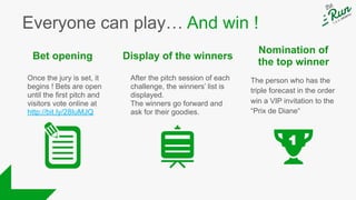 Bet opening Display of the winners
Nomination of
the top winner
After the pitch session of each
challenge, the winners’ list is
displayed.
The winners go forward and
ask for their goodies.
The person who has the
triple forecast in the order
win a VIP invitation to the
“Prix de Diane“
Once the jury is set, it
begins ! Bets are open
until the first pitch and
visitors vote online at
http://bit.ly/28IuMJQ
Everyone can play… And win !
 