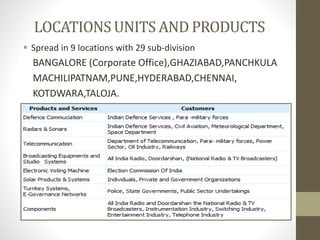 LOCATIONS UNITS AND PRODUCTS
 Spread in 9 locations with 29 sub-division
BANGALORE (Corporate Office),GHAZIABAD,PANCHKULA
MACHILIPATNAM,PUNE,HYDERABAD,CHENNAI,
KOTDWARA,TALOJA.
 