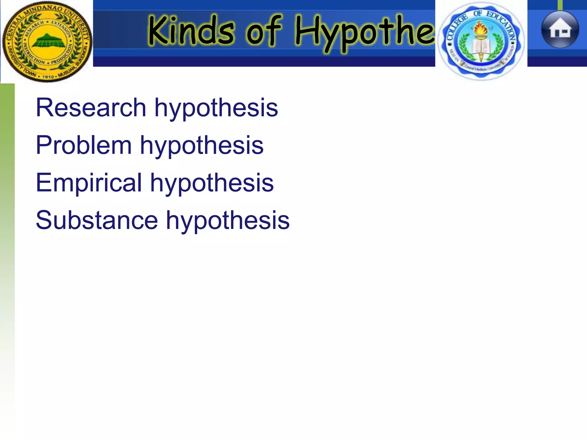 Research hypothesis
Problem hypothesis
Empirical hypothesis
Substance hypothesis
Kinds of Hypothesis
 
