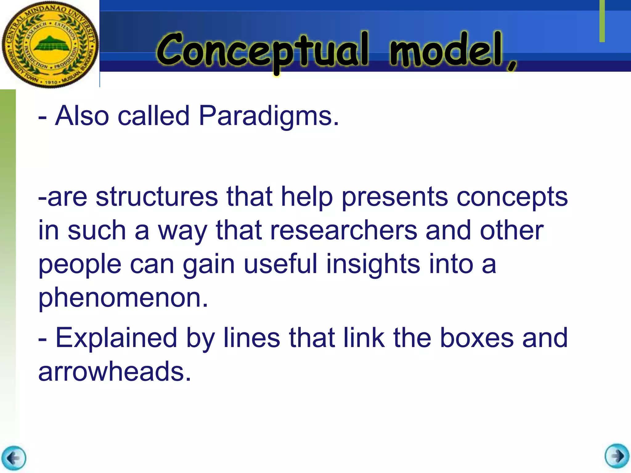 Conceptual model,
- Also called Paradigms.
-are structures that help presents concepts
in such a way that researchers and other
people can gain useful insights into a
phenomenon.
- Explained by lines that link the boxes and
arrowheads.
 