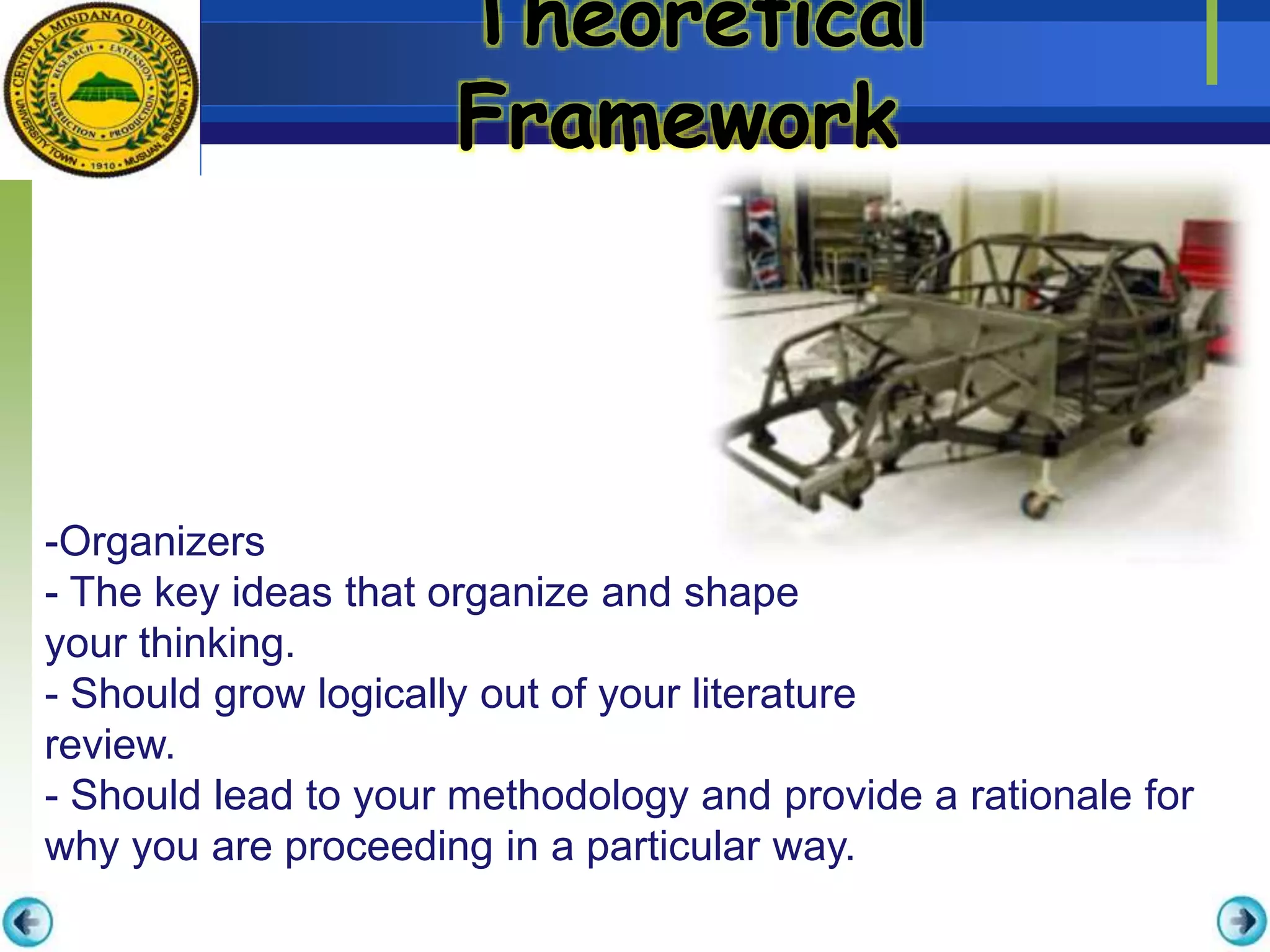 Theoretical
Framework
-Organizers
- The key ideas that organize and shape
your thinking.
- Should grow logically out of your literature
review.
- Should lead to your methodology and provide a rationale for
why you are proceeding in a particular way.
 