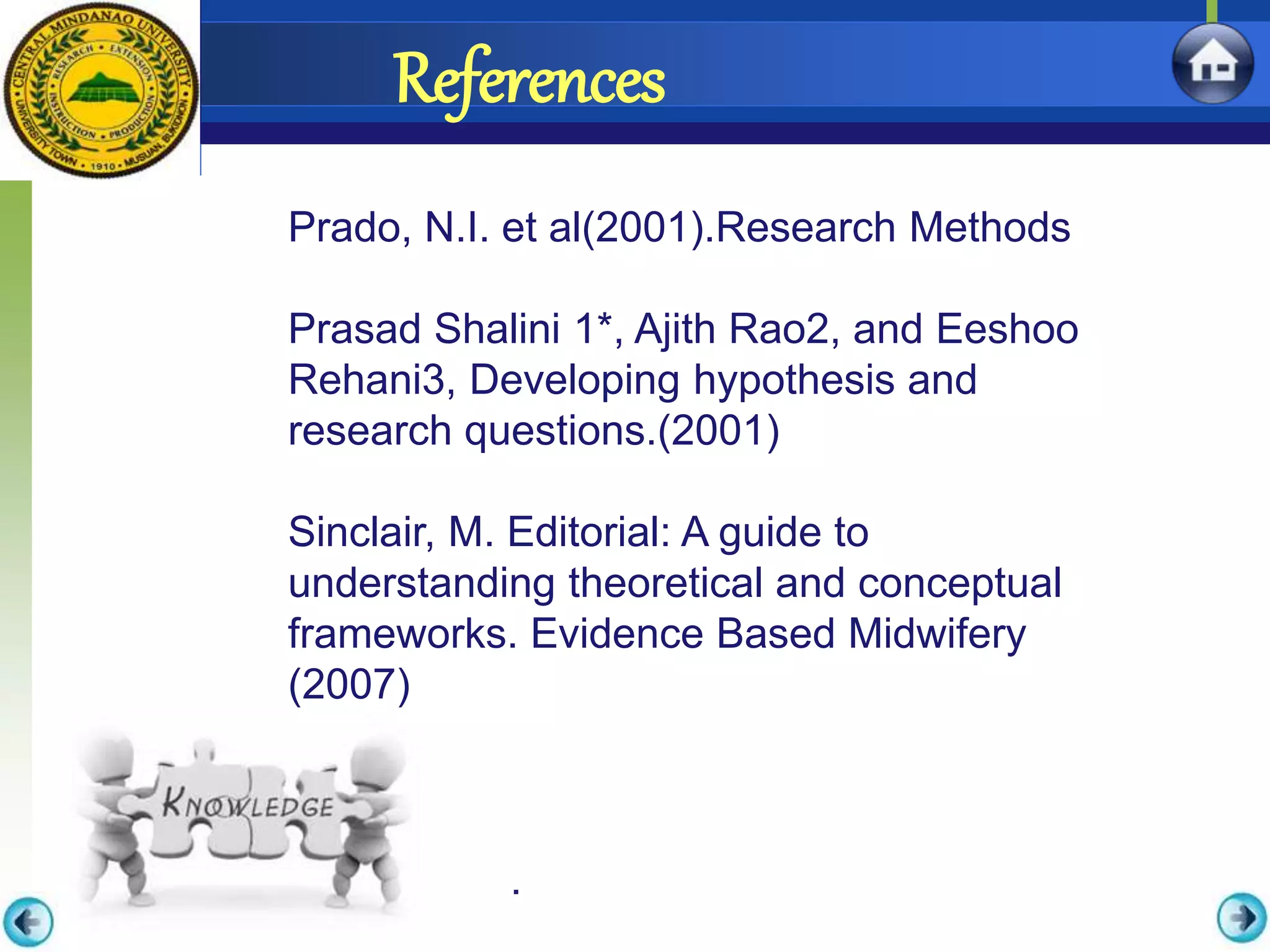 .
References
Prado, N.I. et al(2001).Research Methods
Prasad Shalini 1*, Ajith Rao2, and Eeshoo
Rehani3, Developing hypothesis and
research questions.(2001)
Sinclair, M. Editorial: A guide to
understanding theoretical and conceptual
frameworks. Evidence Based Midwifery
(2007)
 