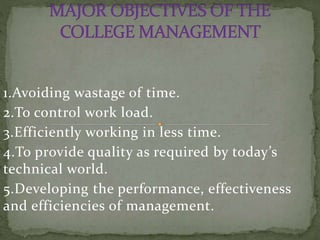1.Avoiding wastage of time.
2.To control work load.
3.Efficiently working in less time.
4.To provide quality as required by today’s
technical world.
5.Developing the performance, effectiveness
and efficiencies of management.
 