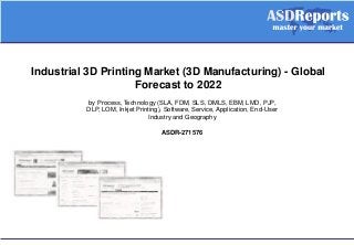 Industrial 3D Printing Market (3D Manufacturing) - Global
Forecast to 2022
by Process, Technology (SLA, FDM, SLS, DMLS, EBM, LMD, PJP,
DLP, LOM, Inkjet Printing), Software, Service, Application, End-User
Industry and Geography
ASDR-271576
 