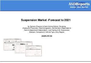 Suspension Market -Forecast to 2021
by System (Passive & Semi-Active/Active), Damping
(Hydraulic/Pneumatic, Electromagnetic), Architecture (Dependent &
Semi-Independent/Independent), Leaf Spring & Air Suspension
Markets, Component, Vehicle Type, & by Region
ASDR-276104
 