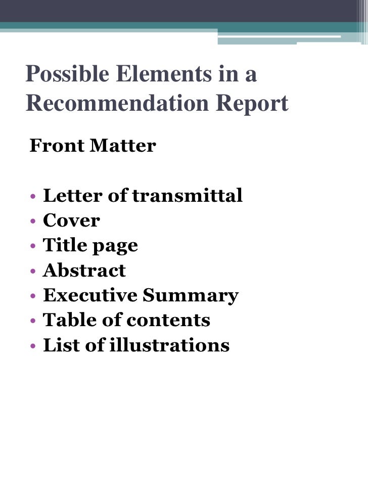 Recommendation Report Front Matter