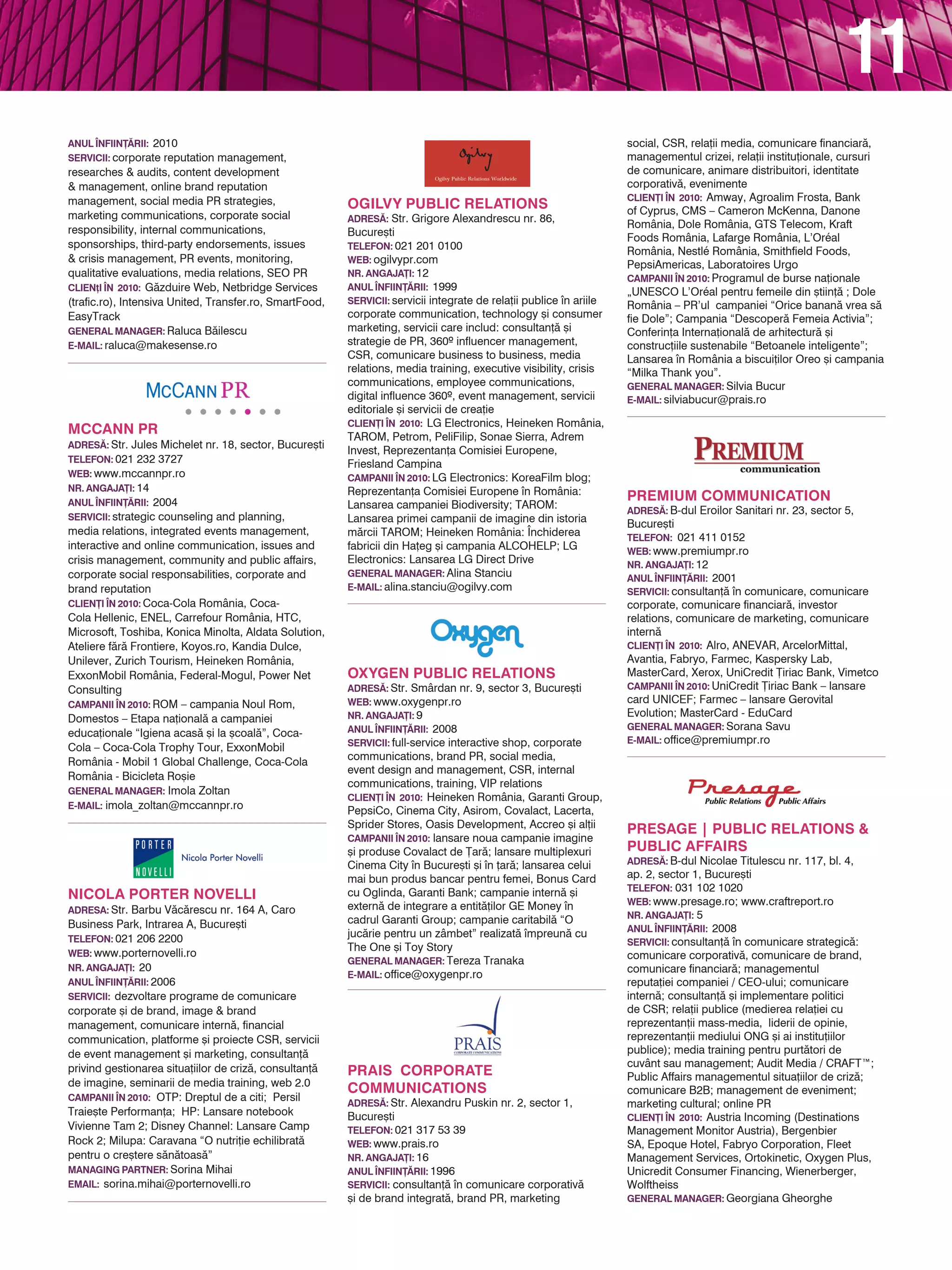 11
                                                           Domestos – Etapa na]ional` a campaniei
                                                           educa]ionale “Igiena acas` [i la [coal`”, Coca-
                                                           Cola – Coca-Cola Trophy Tour, ExxonMobil
                                                           România - Mobil 1 Global Challenge, Coca-Cola
                                                           România - Bicicleta Ro[ie
MAgNUM COMMUNICATIONS &                                    gENERAL MANAgER: Imola Zoltan                               PRAIS CORPORATE
PUBLIC AFFAIRS (AFFILIATE OF                               E-MAIL: imola_zoltan@mccannpr.ro                            COMMUNICATIONS
BELL POTTINgER gROUP Uk, PART                                                                                          AdRES~: Str. Alexandru Puskin nr. 2, sector 1,
                                                                                                                       Bucure[ti
OF CHIME COMMUNICATIONS PLC)
                                                                                                                       TELEFON: 021 317 53 39
AdRES~: Str. Fluierului nr. 25, sector 2, Bucure[ti
                                                                                                                       wEB: www.prais.ro
TELEFON: 0726 704 080
                                                                                                                       NR. ANgAjA}I: 16
wEB: www.magnumcomm.eu, www.bell-pottinger.
                                                                                                                       ANUL |NFIIN}~RII: 1996
co.uk, www.chime.plc.uk
                                                                                                                       SERvICII: consultan]` n comunicare corporativ`
ANUL |NFIIN}~RII: nfiin]at` 1994, activ` 2007, afiliat`   OgILvy PUBLIC RELATIONS                                     [i de brand integrat`, brand PR, marketing
2011                                                       AdRES~: Str. Grigore Alexandrescu nr. 86,                   social, CSR, rela]ii media, comunicare financiar`,
SERvICII: government and political relations,              Bucure[ti                                                   managementul crizei, rela]ii institu]ionale, cursuri
media relations, crisis management, reputation             TELEFON: 021 201 0100                                       de comunicare, animare distribuitori, identitate
management, b2b etc
                                                           wEB: ogilvypr.com                                           corporativ`, evenimente
CLIEN}I |N 2010: Fondul de Protec]ie a Victimelor
                                                           NR. ANgAjA}I: 12                                            CLIEN}I |N 2010: Amway, Agroalim Frosta, Bank
Str`zii; Electrochim; Payzone Plc; Ecoindustries
                                                           ANUL |NFIIN}~RII: 1999                                      of Cyprus, CMS – Cameron McKenna, Danone
Group; Solventa Broker de Asigurare; Search
                                                           SERvICII: servicii integrate de rela]ii publice n ariile   România, Dole România, GTS Telecom, Kraft
Corporation Ltd; Ness Technologies; Profital ;
                                                           corporate communication, technology [i consumer             Foods România, Lafarge România, L’Oréal
clien]i politici
                                                                                                                       România, Nestlé România, Smithfield Foods,
gENERAL MANAgER: Lauren]iu Daniel Ionescu                  marketing, servicii care includ: consultan]` [i
                                                                                                                       PepsiAmericas, Laboratoires Urgo
E-MAIL: Daniel.ionescu@magnumcomm.eu                       strategie de PR, 360º influencer management,                CAMPANII |N 2010: Programul de burse na]ionale
                                                           CSR, comunicare business to business, media                 „UNESCO L’Oréal pentru femeile din [tiin]` ; Dole
                                                           relations, media training, executive visibility, crisis     România – PR’ul campaniei “Orice banan` vrea s`
                                                           communications, employee communications,                    fie Dole”; Campania “Descoper` Femeia Activia”;
                                                           digital influence 360º, event management, servicii          Conferin]a Interna]ional` de arhitectur` [i
                                                           editoriale [i servicii de crea]ie                           construc]iile sustenabile “Betoanele inteligente”;
                                                           CLIEN}I |N 2010: LG Electronics, Heineken România,          Lansarea n România a biscui]ilor Oreo [i campania
MAkESENSE PR                                               TAROM, Petrom, PeliFilip, Sonae Sierra, Adrem               “Milka Thank you”.
AdRES~: Str. Vlad Tepe[ nr. 17, sector 2, Bucure[ti                                                                    gENERAL MANAgER: Silvia Bucur
                                                           Invest, Reprezentan]a Comisiei Europene,
TELEFON: 031 710 1073                                                                                                  E-MAIL: silviabucur@prais.ro
                                                           Friesland Campina
wEB: www.makesense.ro
                                                           CAMPANII |N 2010: LG Electronics: KoreaFilm blog;
NR. ANgAjA}I: 4
                                                           Reprezentan]a Comisiei Europene n România:
ANUL |NFIIN}~RII: 2010
SERvICII: corporate reputation management,
                                                           Lansarea campaniei Biodiversity; TAROM:
researches & audits, content development                   Lansarea primei campanii de imagine din istoria
& management, online brand reputation                      m`rcii TAROM; Heineken România: |nchiderea
management, social media PR strategies,                    fabricii din Ha]eg [i campania ALCOHELP; LG
marketing communications, corporate social                 Electronics: Lansarea LG Direct Drive                       PREMIUM COMMUNICATION
responsibility, internal communications,                   gENERAL MANAgER: Alina Stanciu                              AdRES~: B-dul Eroilor Sanitari nr. 23, sector 5,
sponsorships, third-party endorsements, issues             E-MAIL: alina.stanciu@ogilvy.com                            Bucure[ti
& crisis management, PR events, monitoring,                                                                            TELEFON: 021 411 0152
qualitative evaluations, media relations, SEO PR                                                                       wEB: www.premiumpr.ro
CLIEN]I |N 2010: G`zduire Web, Netbridge Services                                                                      NR. ANgAjA}I: 12
(trafic.ro), Intensiva United, Transfer.ro, SmartFood,                                                                 ANUL |NFIIN}~RII: 2001
EasyTrack                                                                                                              SERvICII: consultan]` n comunicare, comunicare
gENERAL MANAgER: Raluca B`ilescu                                                                                       corporate, comunicare financiar`, investor
E-MAIL: raluca@makesense.ro                                                                                            relations, comunicare de marketing, comunicare
                                                                                                                       intern`
                                                           OXygEN PUBLIC RELATIONS                                     CLIEN}I |N 2010: Alro, ANEVAR, ArcelorMittal,
                                                           AdRES~: Str. Smârdan nr. 9, sector 3, Bucure[ti             Avantia, Fabryo, Farmec, Kaspersky Lab,
                                                           wEB: www.oxygenpr.ro                                        MasterCard, Xerox, UniCredit }iriac Bank, Vimetco
                                                           NR. ANgAjA}I: 9                                             CAMPANII |N 2010: UniCredit }iriac Bank – lansare
                                                           ANUL |NFIIN}~RII: 2008                                      card UNICEF; Farmec – lansare Gerovital
MCCANN PR                                                  SERvICII: full-service interactive shop, corporate          Evolution; MasterCard - EduCard
AdRES~: Str. Jules Michelet nr. 18, sector, Bucure[ti      communications, brand PR, social media,                     gENERAL MANAgER: Sorana Savu
TELEFON: 021 232 3727                                                                                                  E-MAIL: office@premiumpr.ro
                                                           event design and management, CSR, internal
wEB: www.mccannpr.ro
                                                           communications, training, VIP relations
NR. ANgAjA}I: 14
                                                           CLIEN}I |N 2010: Heineken România, Garanti Group,
ANUL |NFIIN}~RII: 2004
SERvICII: strategic counseling and planning,               PepsiCo, Cinema City, Asirom, Covalact, Lacerta,
media relations, integrated events management,             Sprider Stores, Oasis Development, Accreo [i al]ii
interactive and online communication, issues and           CAMPANII |N 2010: lansare noua campanie imagine
crisis management, community and public affairs,           [i produse Covalact de }ar`; lansare multiplexuri
corporate social responsabilities, corporate and           Cinema City n Bucure[ti [i n ]ar`; lansarea celui
                                                                                                                       PRESAgE Î PUBLIC RELATIONS &
brand reputation                                           mai bun produs bancar pentru femei, Bonus Card              PUBLIC AFFAIRS
CLIEN}I |N 2010: Coca-Cola România, Coca-                                                                              AdRES~: B-dul Nicolae Titulescu nr. 117, bl. 4,
                                                           cu Oglinda, Garanti Bank; campanie intern` [i
Cola Hellenic, ENEL, Carrefour România, HTC,                                                                           ap. 2, sector 1, Bucure[ti
                                                           extern` de integrare a entit`]ilor GE Money n
Microsoft, Toshiba, Konica Minolta, Aldata Solution,                                                                   TELEFON: 031 102 1020
                                                           cadrul Garanti Group; campanie caritabil` “O
Ateliere f`r` Frontiere, Koyos.ro, Kandia Dulce,                                                                       wEB: www.presage.ro; www.craftreport.ro
Unilever, Zurich Tourism, Heineken România,                juc`rie pentru un zâmbet” realizat` mpreun` cu             NR. ANgAjA}I: 5
ExxonMobil România, Federal-Mogul, Power Net               The One [i Toy Story                                        ANUL |NFIIN}~RII: 2008
Consulting                                                 gENERAL MANAgER: Tereza Tranaka                             SERvICII: consultan]` n comunicare strategic`:
CAMPANII |N 2010: ROM – campania Noul Rom,                 E-MAIL: office@oxygenpr.ro                                  comunicare corporativ`, comunicare de brand,
 