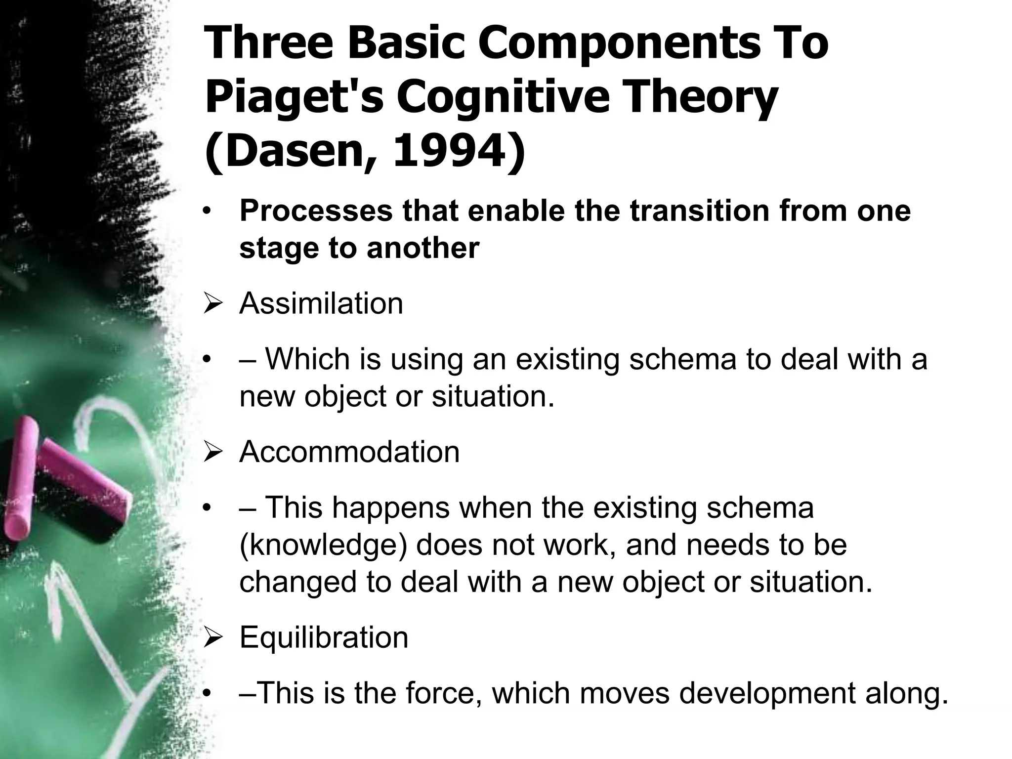 Three Basic Components To
Piaget's Cognitive Theory
(Dasen, 1994)
• Processes that enable the transition from one
stage to another
 Assimilation
• – Which is using an existing schema to deal with a
new object or situation.
 Accommodation
• – This happens when the existing schema
(knowledge) does not work, and needs to be
changed to deal with a new object or situation.
 Equilibration
• –This is the force, which moves development along.
 