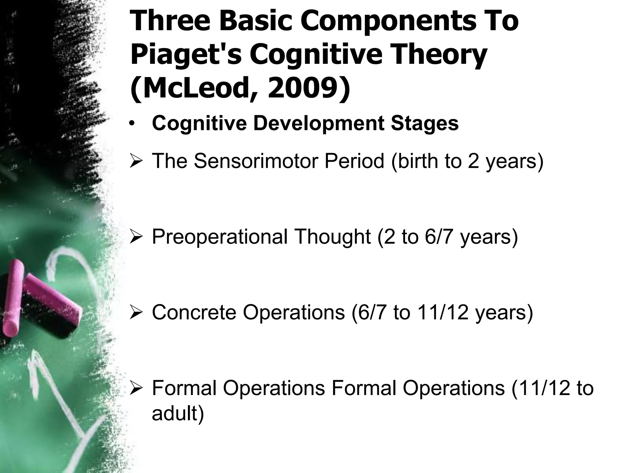 Three Basic Components To
Piaget's Cognitive Theory
(McLeod, 2009)
• Cognitive Development Stages
 The Sensorimotor Period (birth to 2 years)
 Preoperational Thought (2 to 6/7 years)
 Concrete Operations (6/7 to 11/12 years)
 Formal Operations Formal Operations (11/12 to
adult)
 